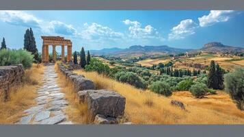 Temple ruins in valley. Ancient stone path with columns and open landscape view. Beautiful sky with light clouds over mountains. photo