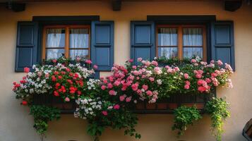 Window flower boxes. Two windows show many colorful flowers. Window shutters are open. The plants overflow from containers. photo