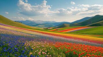 Colorful flower field. Beautiful landscape with hills and flowers. Rainbow bloom. Spring meadow. Floral nature in bloom. Scenic view. Open field with flowers. photo
