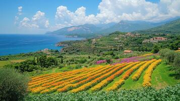Flower field rows along blue sea. Green mountain view. Beautiful nature scenery in sunshine. Calm summer day on coast. Colorful plants growing. photo