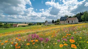 Flower field blooms near buildings. Sky is blue with clouds. Nature scene shows summer season in scenic landscape. photo