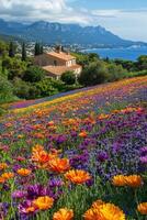 Flower field blooms with house mountains ocean in the distance on sunny day. Bright summer countryside scenic view colorful nature background photo