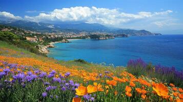 Coastal view. Meadow with purple and orange flowers. Mountains with houses. Blue sky with white clouds. Landscape scene. photo
