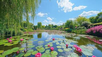 Water lilies bloom in pond. Bright pink flowers floating on water. Willow tree over water. Blue sky with white clouds above green trees. photo