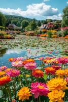 Colorful Flowers Bloom by a Quiet Lake. Lily Pads Float on the Water. Lush Green Hills and a Cloudy Blue Sky in the Distance. Summer Day. photo