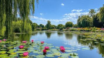 Pond view with water lilies. Pink flowers bloom on water. Trees surround the pond. Blue sky in background. Water reflection. Nature scene. photo