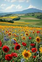 Flowers in field. Poppies and sunflowers bloom. Rolling hills with sunflowers behind. Sunny day and blue sky. Wild flowers growing. photo