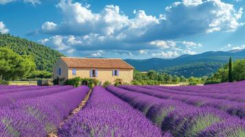 Lavender field blooms near stone house. Blue sky and clouds. Landscape scene with mountain background. photo