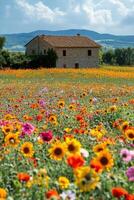 Stone house sits in field of colorful flowers. Sunny day in the countryside. Green hills and blue sky in background. Simple house. Summer flowers. photo