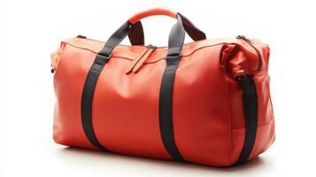 Red travel bag on white background. Big bag. Simple carry on bag. Sport bag. Traveling bag close up. Isolated travel accessory. photo