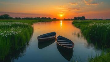 Two boats on calm water during golden sunset. Sky reflecting on river between green grass. Peaceful evening scene. photo