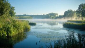 Calm lake reflects trees. Morning mist rises above the water. Grassy shore and water plants in a natural landscape. Peaceful scene. photo