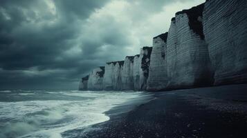 Ocean waves crash on dark beach. High rock cliffs rise under cloudy storm sky. Sea surf washes rocky shore. Dramatic coastal scene. photo