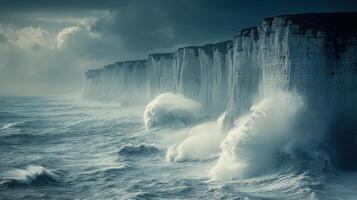 White cliffs meet ocean waves. Water splashes high against the rocks. Dark sky gives stormy look. Coastal scene shows powerful natural forces. photo