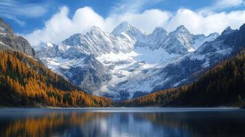 Mountain lake scene. Snow covers peaks. Forest colors glow. Clouds dot the sky. Water reflects mountain. photo