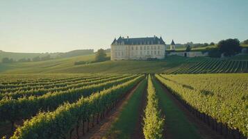 Vineyard rows lead to building. Field shows green plants. Morning light illuminates hills. Sky is bright. Simple nature scene. photo