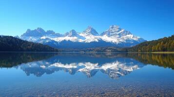 Lake water reflects snowy mountains and trees. Bright day with clear sky. Nature scene with beautiful mirror reflection. Mountain range landscape view. photo