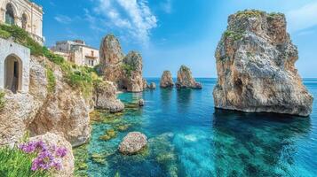 Coastal town scene. Azure water surrounds rocks. Buildings sit atop cliffs. Flowers grow along the shore. Scenic summer view. Clear ocean water. photo