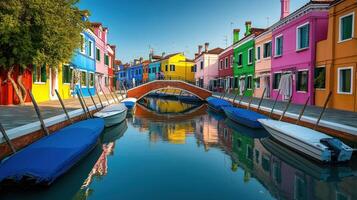 Bright colored buildings along canal. Boats sit in the water. Clear sky above small village. Architecture reflects colors in water. photo