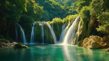 Waterfall flowing down rocks into clear pool. Green trees surround water scene. Beautiful natural landscape with falling water and vibrant colors. photo