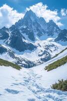 Tall mountain peak rises above a snow covered valley. Footprints lead into the distance. Blue sky and white clouds above. photo