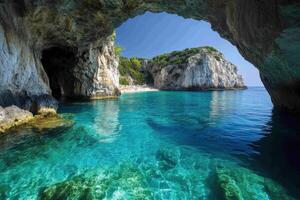Sea cave opens to beach. Clear water reflects sunlight. Rock formation creates natural frame. Tropical scene offers view to island. Water is turquoise. photo