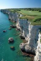 Coastal cliff landscape. Tall white cliffs drop into clear ocean water. Green grass and trees grow on cliff tops under sunny sky. photo