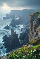 Ocean Coast View. Rocky Cliffs and Water. Green Plants on Rocks. Dark Weather Sky. Scenic Landscape. Sea Waves Crashing. Coastal Scenery. photo
