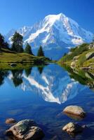 Mountain Reflecting in Lake Water. Green Grass and Trees on Hillside. Blue Sky above Snowy Peak. Rocks visible under clear water. photo