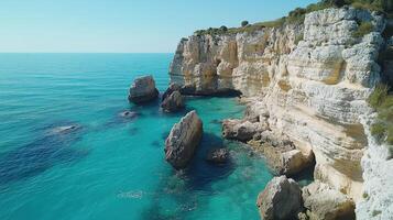 Ocean view. Coast with rocks. Blue water. Sea cliff on sunny day. Summer scenery with calm ocean. Cliff overlooking the water. Turquoise sea backdrop. photo