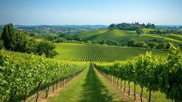 Vineyard rows on green hills. Rural landscape with grape vines and trees. Summer view of countryside farm with blue sky. Growing fresh grapes. photo