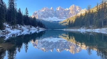 Mountain peaks reflect in calm lake. Forest lines the shore. Snow covers the mountains and ground. Blue sky above natural landscape. photo