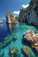 Ocean view. Rocks in the clear sea. Water is turquoise. Cliffs and green plants on a bright sunny day. Peaceful and tranquil. photo