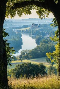 Castle view. Old building on hill. River goes through land. Green trees and grass. Looking through tree frame. Peaceful morning. photo