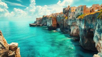 Ocean view. Turquoise water and rock cliffs with buildings on top, under a bright blue sky and white clouds. Nature scene of a peaceful seaside town. photo