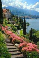 Lake view with steps flowers garden and building. Water mountain background. Summer day landscape with nature and trees. photo