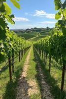 Vineyard rows stretch into green hills under a blue sky. Lush grape vines grow on a farm. Light shines on the grass. Countryside view. photo