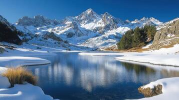 Snowy mountains and blue lake view. Winter landscape with snow covered peaks. Cold mountain reflections in the water. Peaceful nature scene. photo