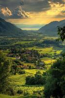 Valley Landscape at Sunset. View of Green Field, Lake, and Mountains. Quiet Peaceful Scene. Rural Area with Plants and Hills. Sun Shining on Trees. photo