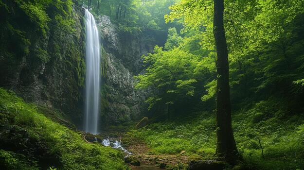 Forest scene with green trees and a tall waterfall falling down rocks. The water flows into a small stream in the woods. photo