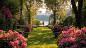 Garden with green grass and flowers. Trees in a park. Fountain in the background. Beautiful outdoor scene. Natural landscape with plants. photo