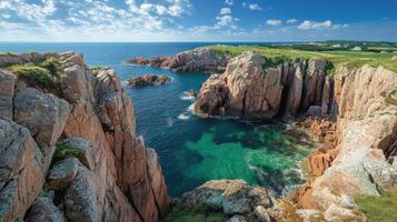 Rocky coast scenery. Ocean view. Turquoise sea water and blue sky. Cliff side rocks with grass. Nature seaside landscape. Summer seascape. Shoreline rocks. photo
