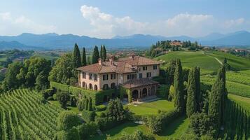 Vineyard estate view. Country house. Villa between green vines. Mountains are in the background. Peaceful rural landscape with old architecture and farming. photo