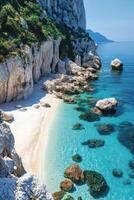 Beach and turquoise sea. Rocks and cliffs near clear water. Summer scene. Aerial view. Coast landscape. Travel photography. photo