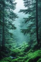 Green forest view. Tall trees in fog. Woods with dense plants. Natural woodland landscape. Calm scenic place. Woodland background. photo