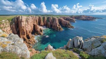 Ocean water meets cliffs. Rocky coast views. Blue sky day. Green grass sits on rocks. Cliffs surround the sea. Seascape scenery. photo