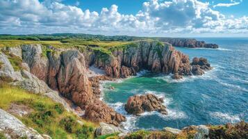 Ocean view from rocky cliffs. Blue water and green hills under bright sky. Waves crashing on rocks. Coastal landscape, nature scene. photo