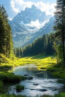 Mountain peak in distance. River flows through the grassy valley. Trees line the banks. Sunlight shines on the scene. Natural outdoor setting. photo