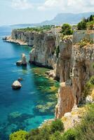 Rocky cliffs meet blue ocean. Trees grow near the sea. Clear water shows rocks under the surface. Sunny day on coast. photo