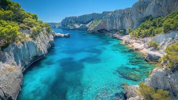 Coastal scene with turquoise water and rocky cliffs. Beautiful natural environment with green trees on the coast. Serene seascape view of clear blue ocean. photo